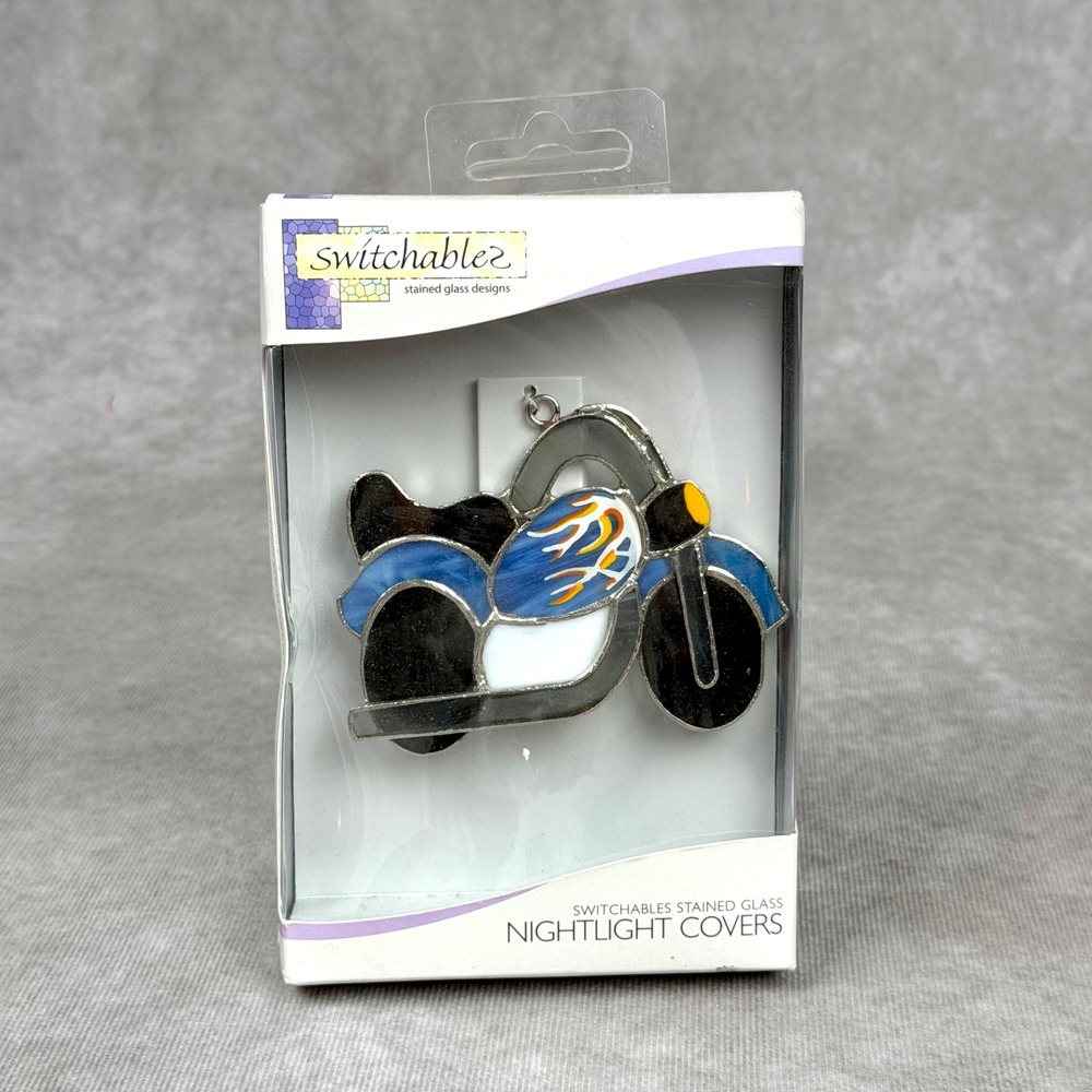 Vintage Switchables Stained Glass Nightlight Cover Blue Motorcycle Flame Design
